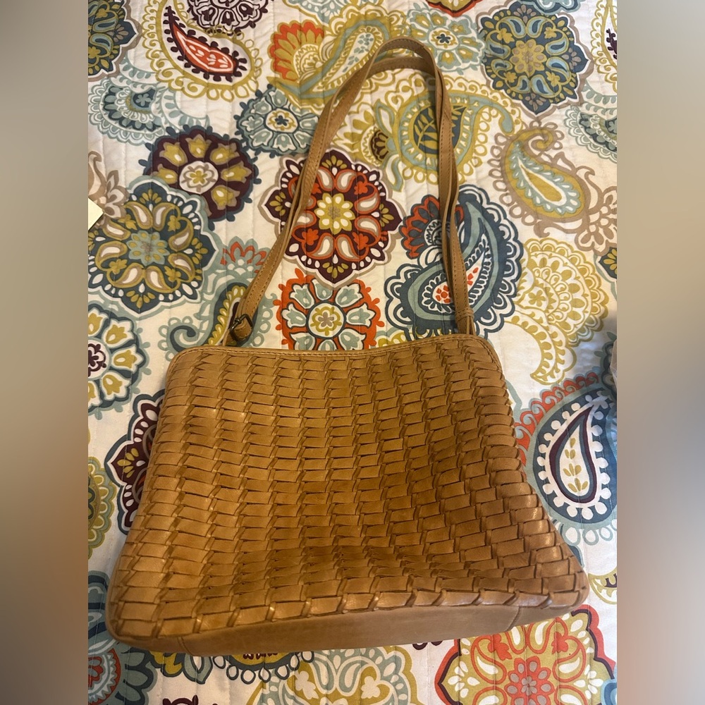 Tan Leather Woven Shoulder Bag